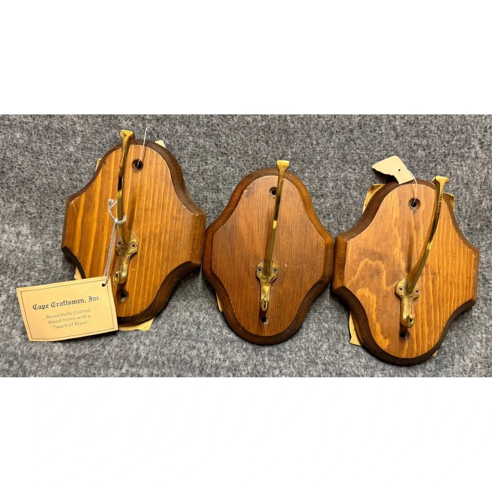 Cape Craftsmen Wood Brass Wall Hooks Set of 3 Vintage Plaque Coat Hat Hangers